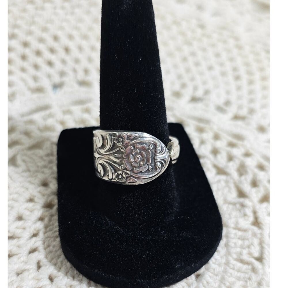 Vintage Silver Rose Motif Spoon Ring, Size  8